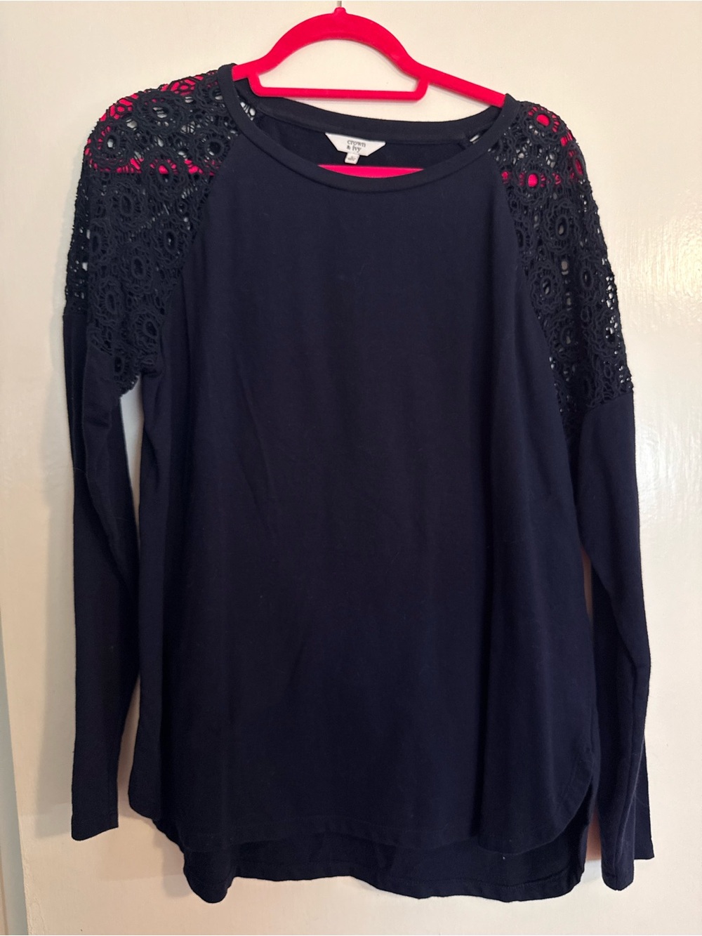 crown & ivy Navy Long Sleeve Crochet-Shoulder Tee